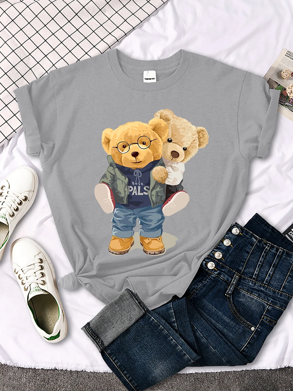 We Are Best Friends Cute Bear T-Shirt Women Summer Breathable Tops Street Vintage Casual Short Sleeve Sport Aesthetic Clothes