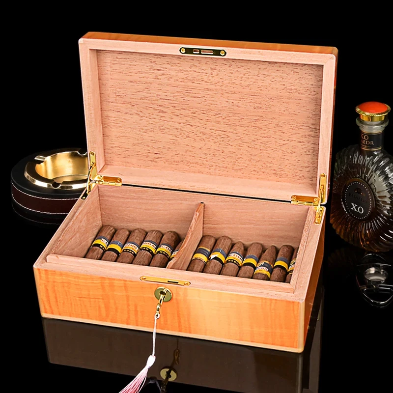 New High Gloss Stained Veneer Patchwork Pattern Box Safety Cedar Wood Cigar Humidor