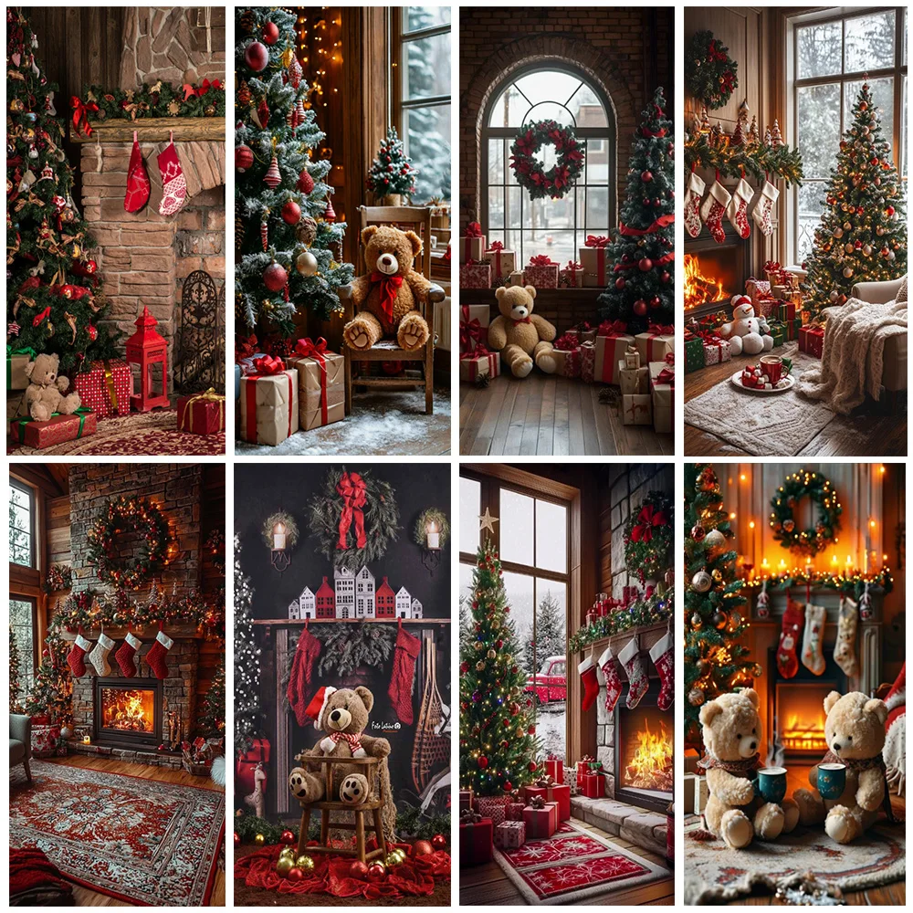 

Little Bear And Christmas Tree Backdrop Christmas Room Fireplace And Gifts Door Banner New Year Party Decorations Xmas Props