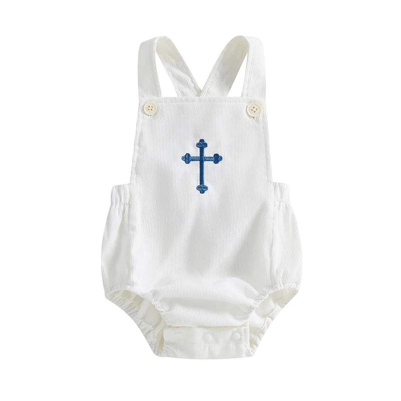 Baby Boys Girls Overalls Sleeveless Square Neck Cross Embroidery Rompers Newborn Baptism Outfit