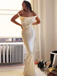 White Silk Satin Texture Sling Dress Sexy V Neck Back Open Long Tunic Women Summer Clothes Elegant Party Maxi Dresses A2668