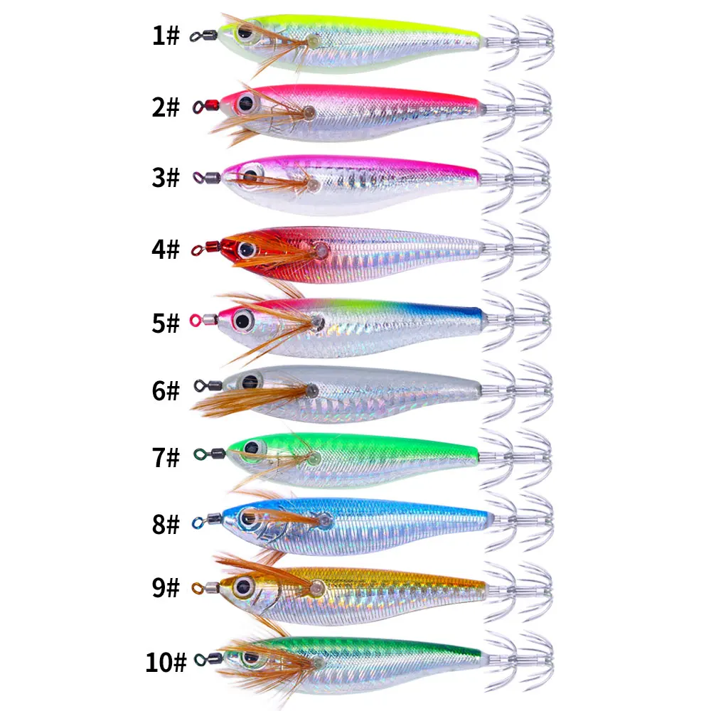 1 Stück Holz-Garnelen-Kalmar-Jigs Angelköder-Set 10,3 cm 9,4 g Leuchtender Tintenfisch-Köder Oktopus-Haken für Salzwasser-Angelzubehör