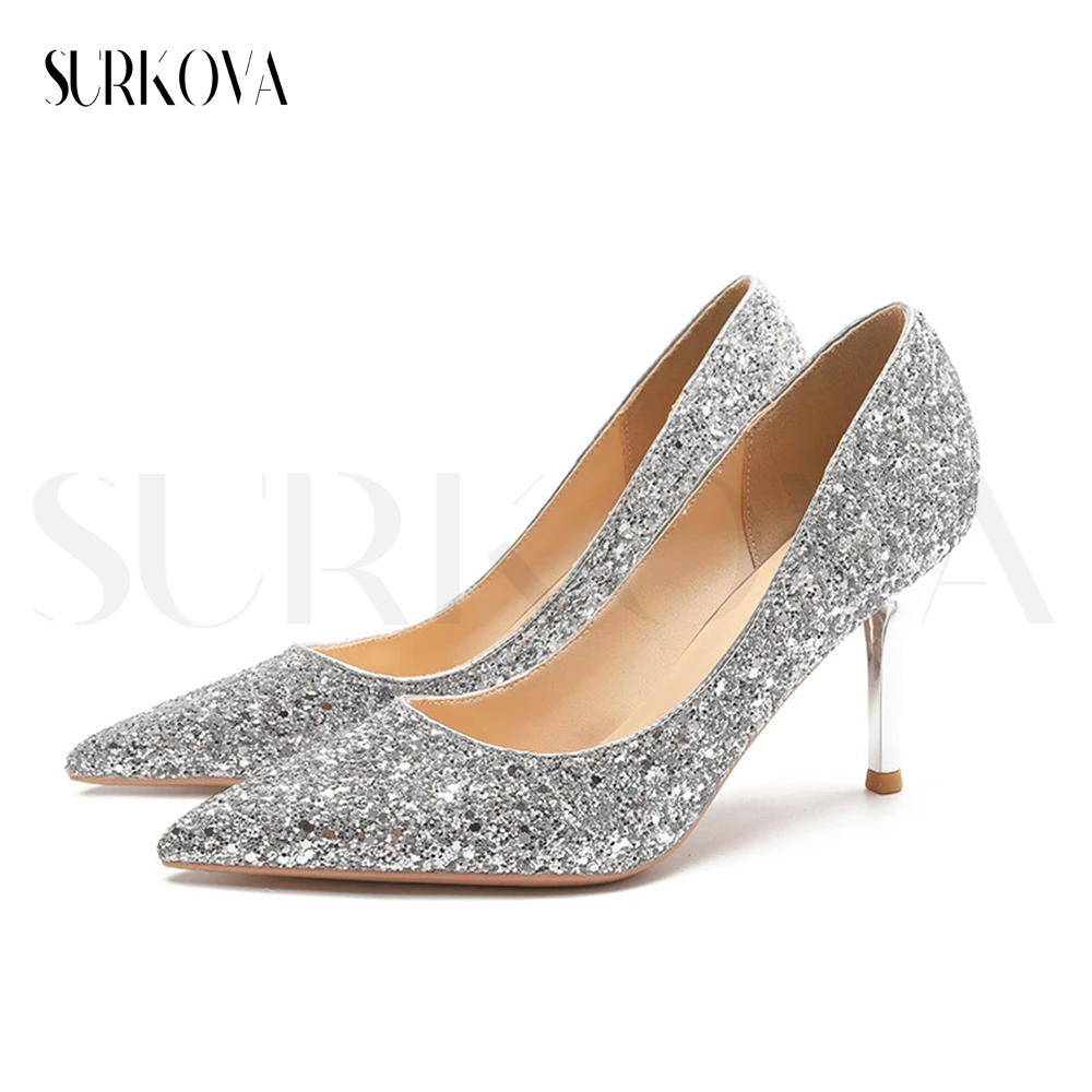 

Ladies Wedding Shoes Golden/silver Pointed Toe Pumps Blingbling Sequins Glitter Prom Dress High Heels Shoes 8Cm Stiletto Shoes