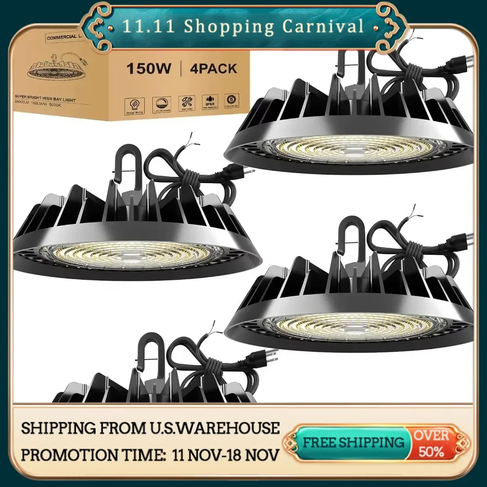 UFO LED High Bay Light 150W, High Bay LED Lights 24,000LM 1-10V Dimmable, 5' Cable with Plug, Hanging Hook, Safe Rope, 4 Pack