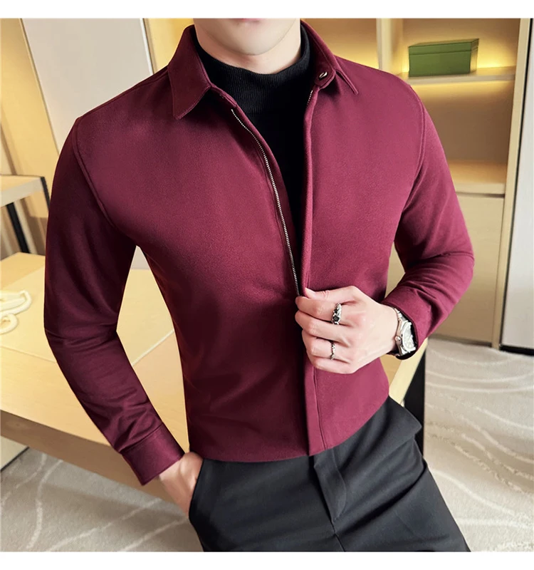 Formal Shirt Men Wedding Long Sleeve Tuxedo Shirts Claret Hombre Camisa Social Dress Shirt Zipper Design Slim Fit Blouse Winter