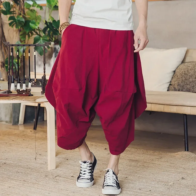 

Men Harem Pants Drop Crotch Joggers Solid Casual Trousers Men Loose Hip Hop Baggy 2023 New Calf-Length Cotton Men Wide Leg Pants