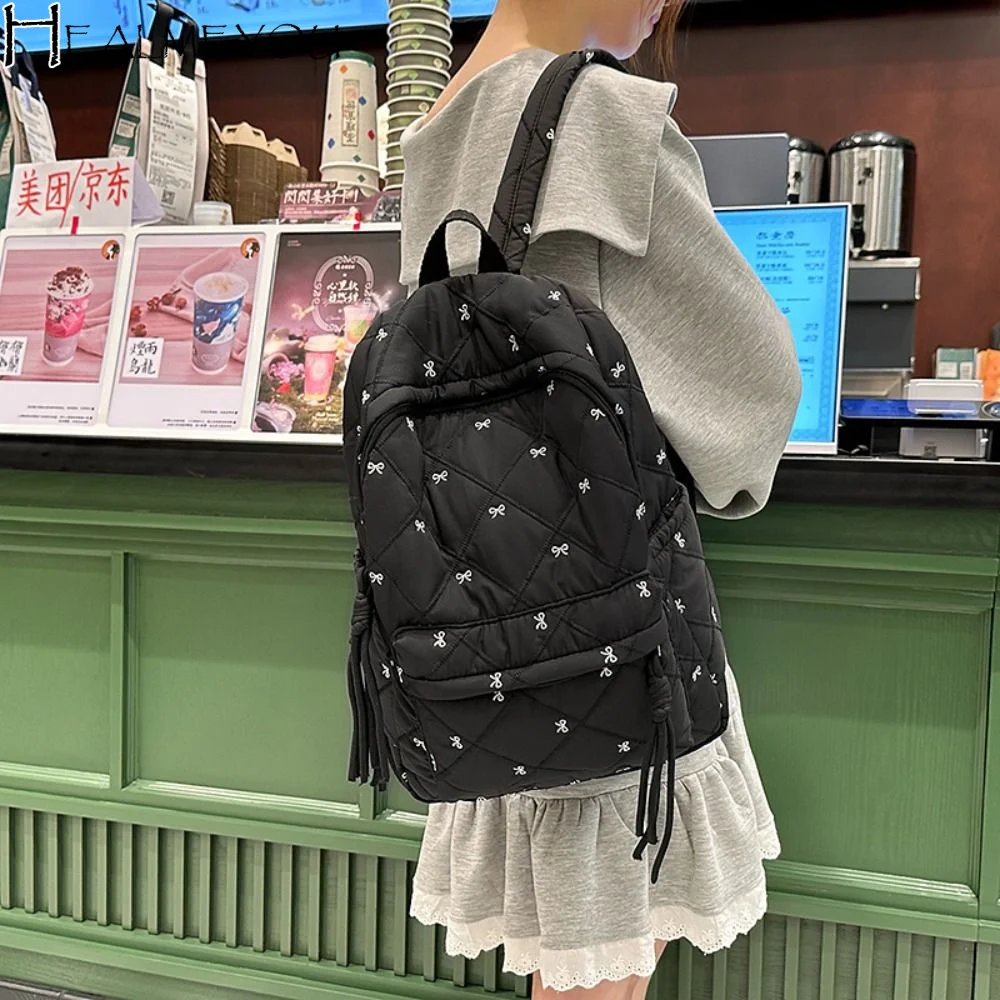 

Preppy Style Embroidered Bow Backpack Embroidery Bownot Nylon Backpack Large Capacity Korean Style Students School Bag Daily
