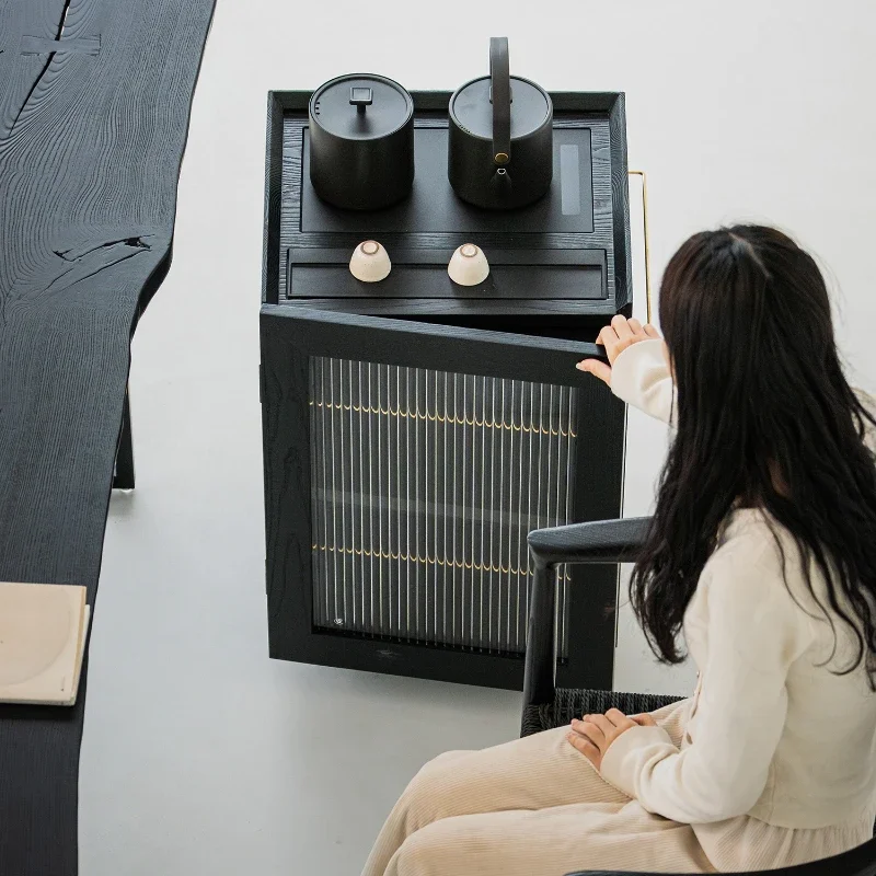 Tea cabinet, ash wood, wabi, black tea cart, mobile small table, tea table, fully automatic water filling