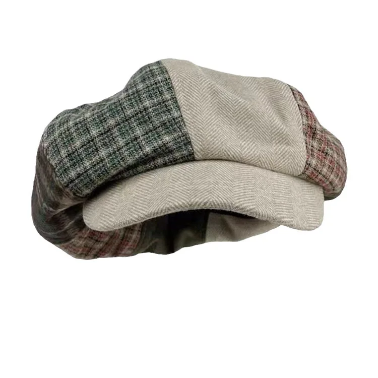 Retro Plaid Splicing Beret Wool Octagonal Cap Warm Newsboy Cap Street Painter Hat Retro Forward Cap England Plaid Hat