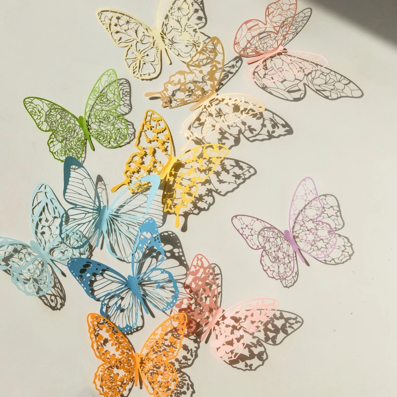 6Pcs Solid Color Hollow-out Butterfly Wall Sticker Blue Green Exquisite Material Paper Butterfly Lace Handbook Decoration Supply