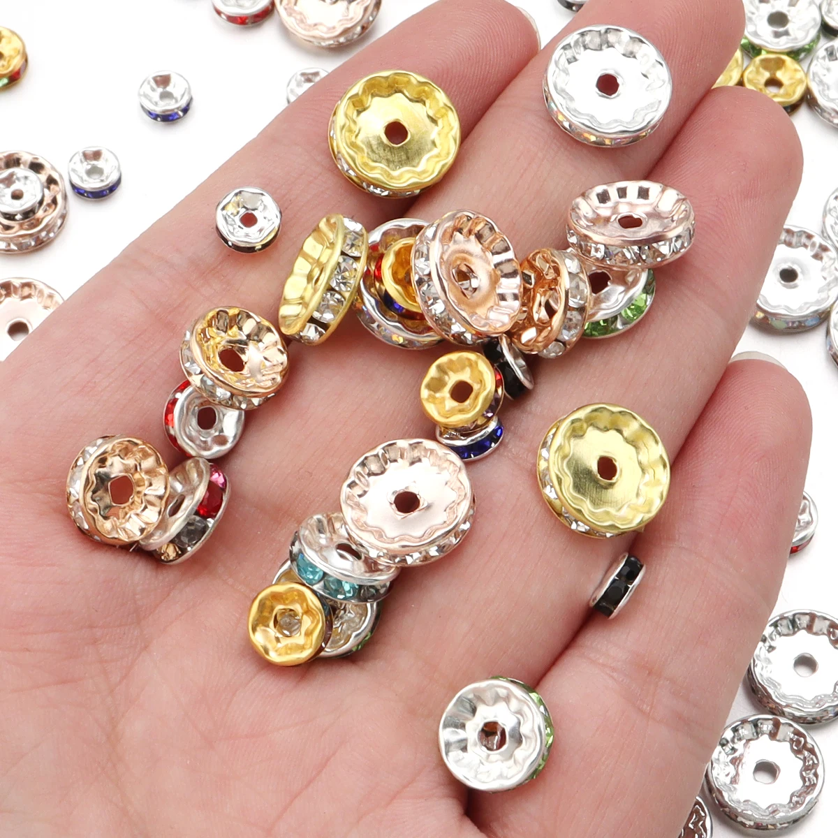 50pcs/Lot Gold Color Round Rhinestone Crystal Bead Rondelles Spacer Beads for Needlework Jewelry Making DIY Bracelet Necklace