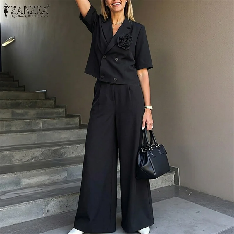 2026 ZANZEA Fashion Women Pant Sets Summer 2 Piece Sets Short Sleeve Flower Shirt Trousers Elegant Tracksuit Solid Work Outfits