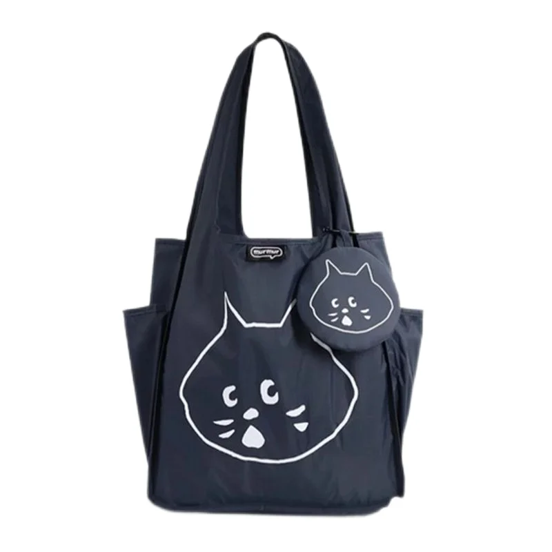 Ne Net Surprised Cat Cartoon Cute Folding Shoulder Bag Large Capacity Nylon Shopping Bag Female Purse Tote Bag Two-piece Set