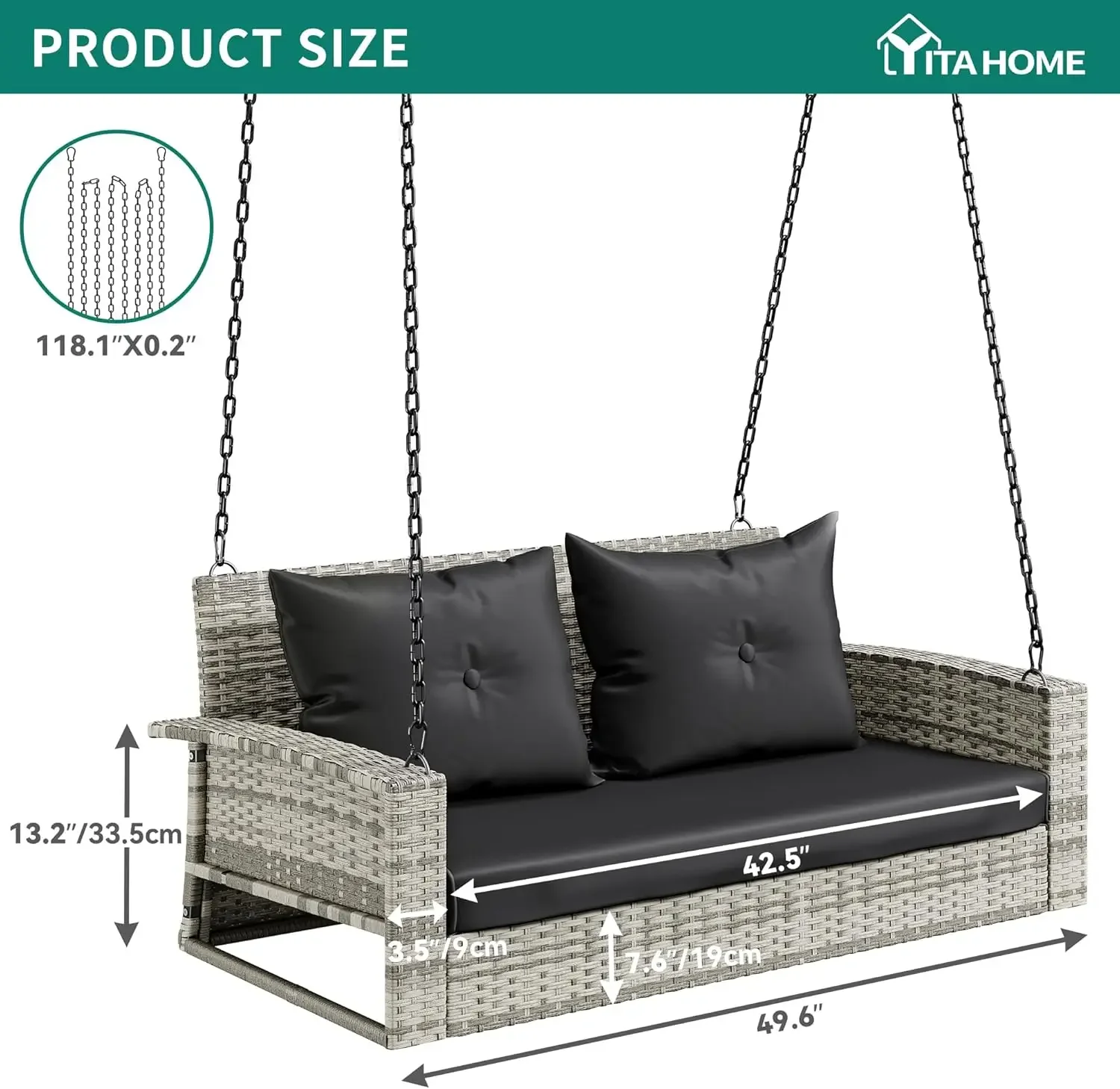 2-Seats Wicker Hanging Porch Swing Chair Outdoor Gray Rattan Patio Swing Lounge w/ 2 Back Cushions Capacity 530lbs for Garden, B