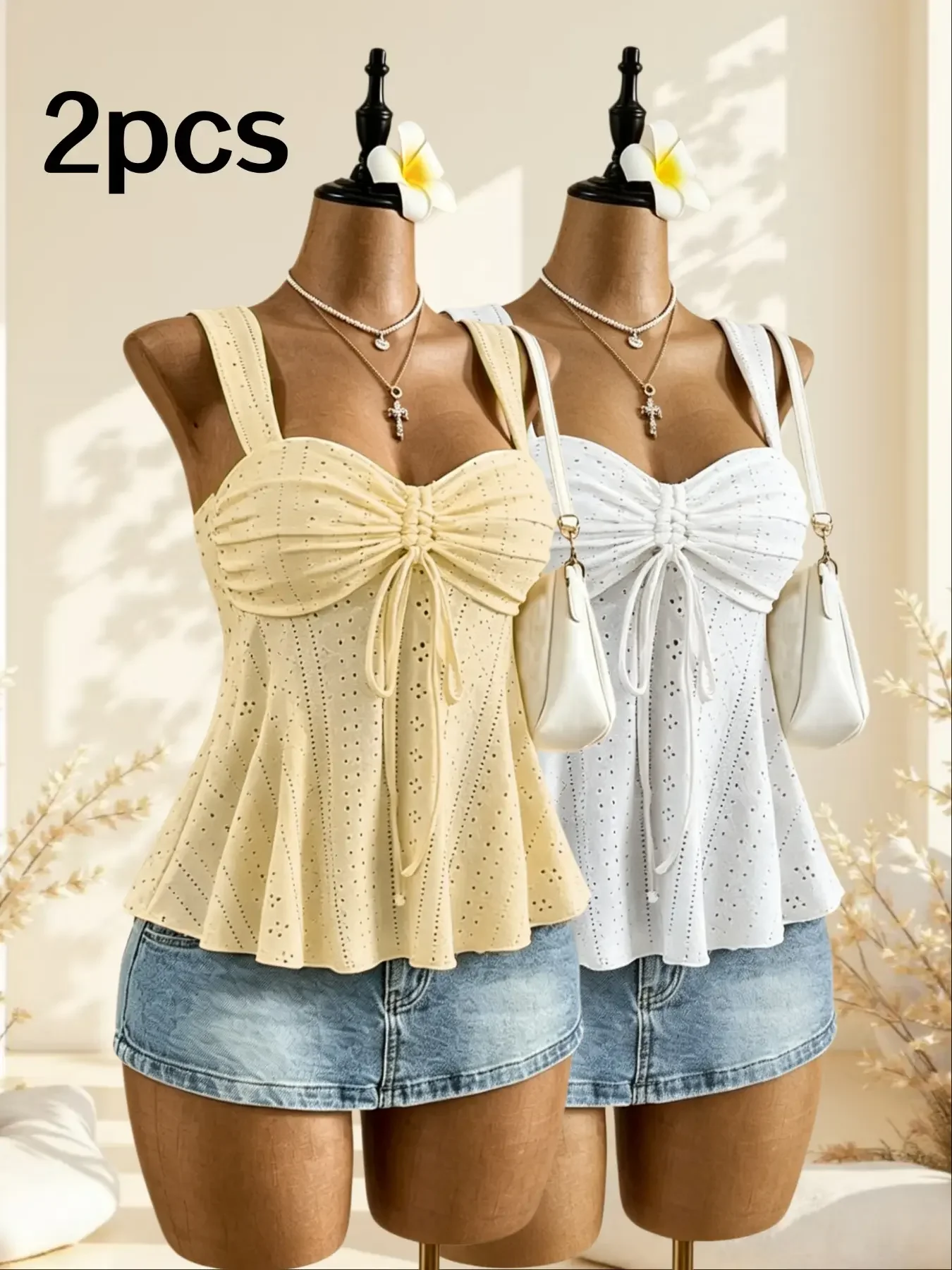 Women 2‑Pack Eyelet Embroidery Cami Top Sweetheart Neck Front Drawstring Ruched Flared Hem Sleeveless Casual Summer Y2K Multipac