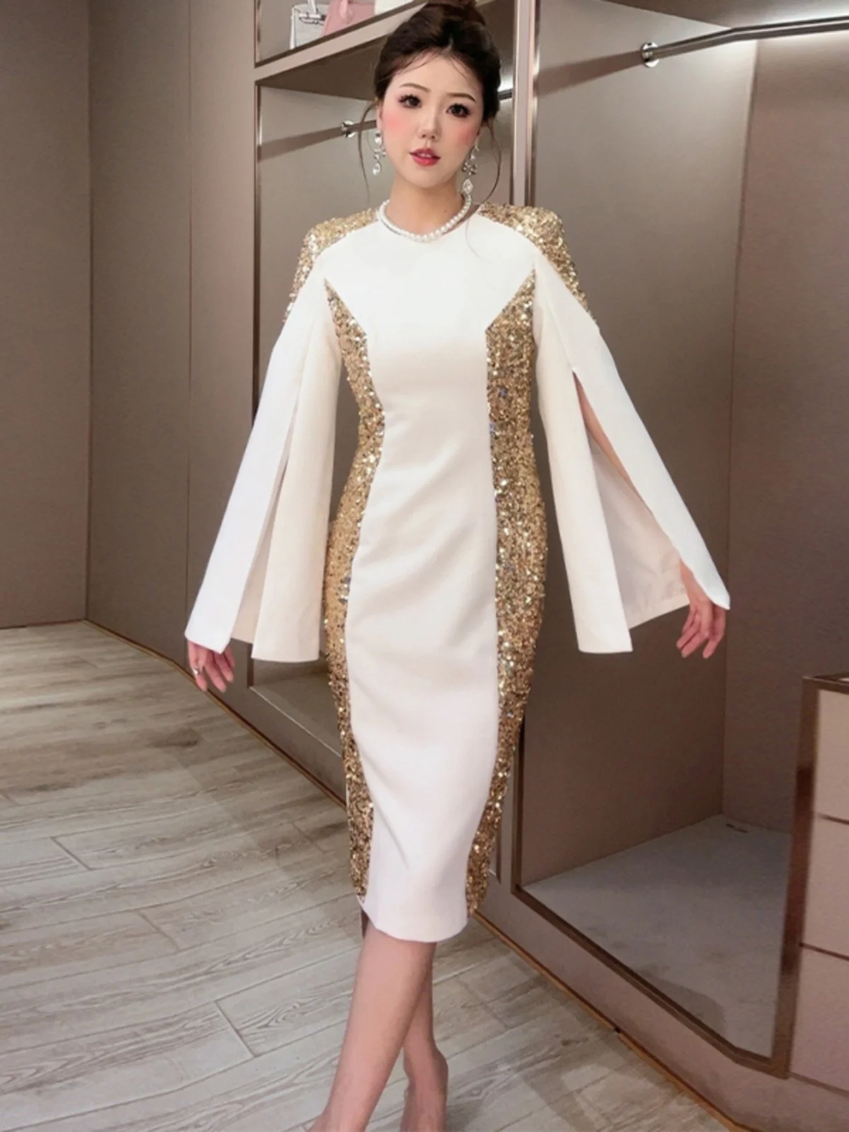 Host banquet evening dress skirt autumn new commuting temperament sequin slim dress female