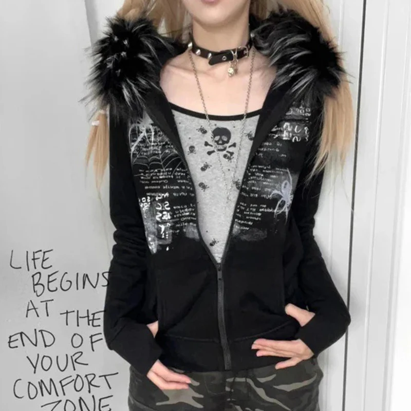 European and American Autumn and Winter Fur Collar Rhinestone Personality Vintage Zipper Coat Slimming Sweatshirt Y2k Style view 4