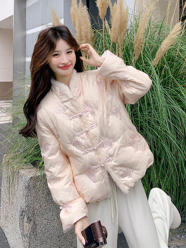 

Новая женская зимняя куртка Ele Chinese Sle с пайетками и вышивкой, пуховик с пышными вставками, короткое пальто-оверсайз