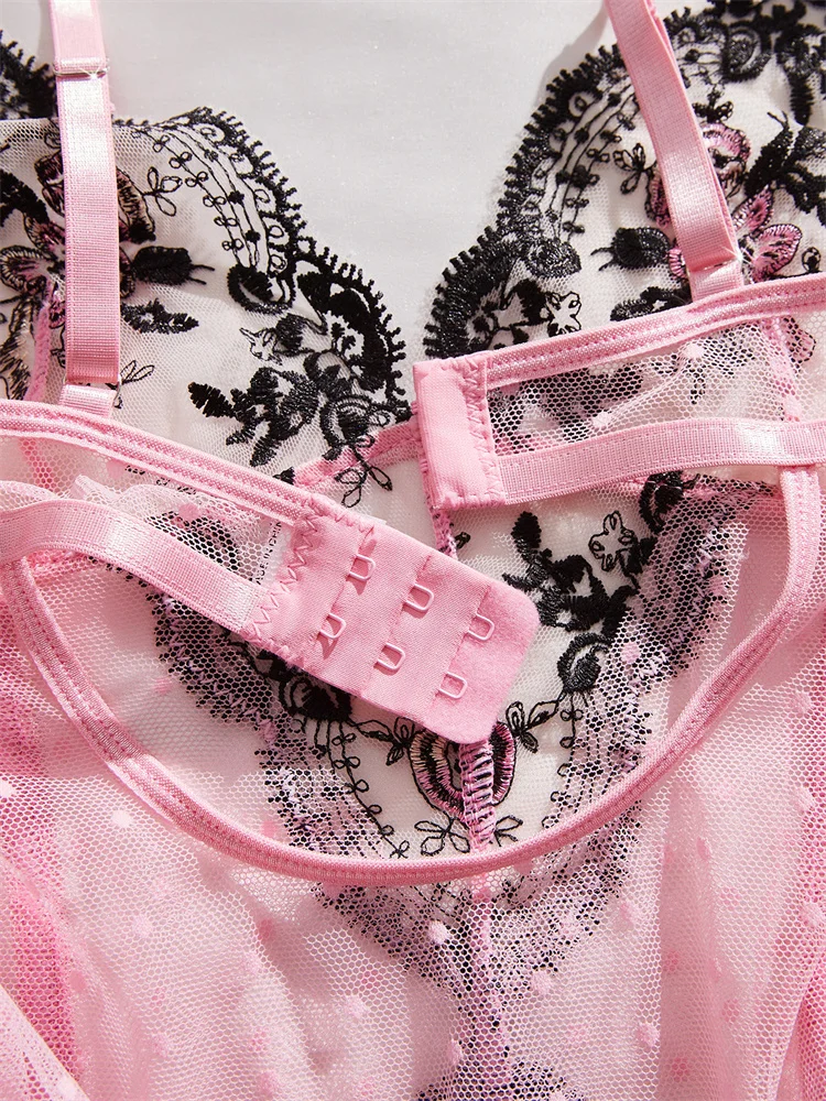 Women's Lingerie Pink Mesh Slimming Bodysuit Delicate Floral Embroidered Jumpsuit Romantic Sleeveless Polka Dot Sexy Bodysuit image 5