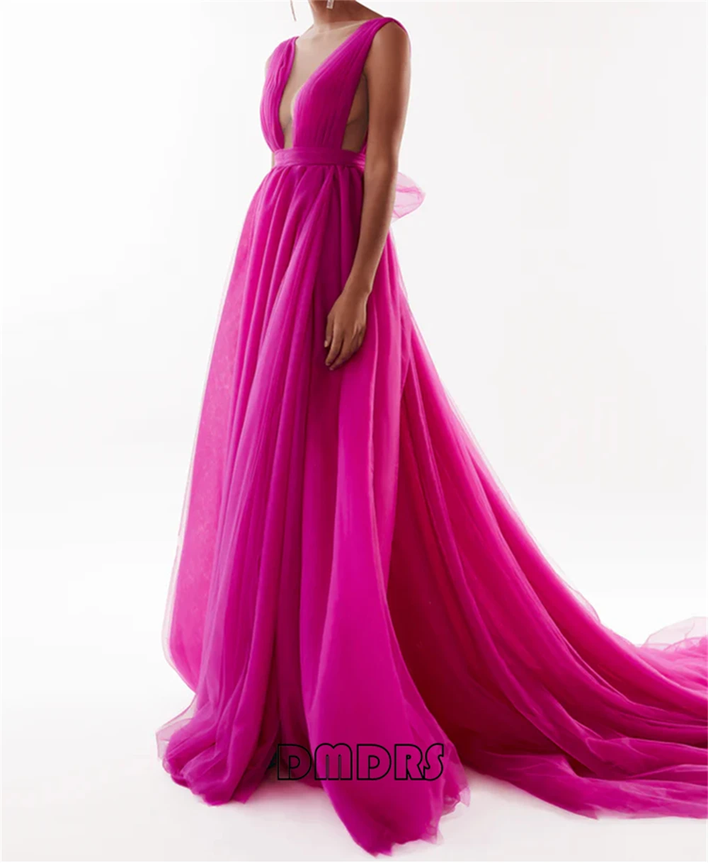 Fuchsia Sexy Tulle Dress for Women A Line Backless Long Evening Dresses with Court Train Bow Tie Tank Sleeve Party Gown