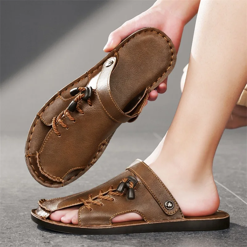 

Новые летние мужские уличные повседневные пляжные сандалии с закрытым носком, модные, трендовые, брендовые, на толстой подошве, ручной работы, удобные шлепанцы