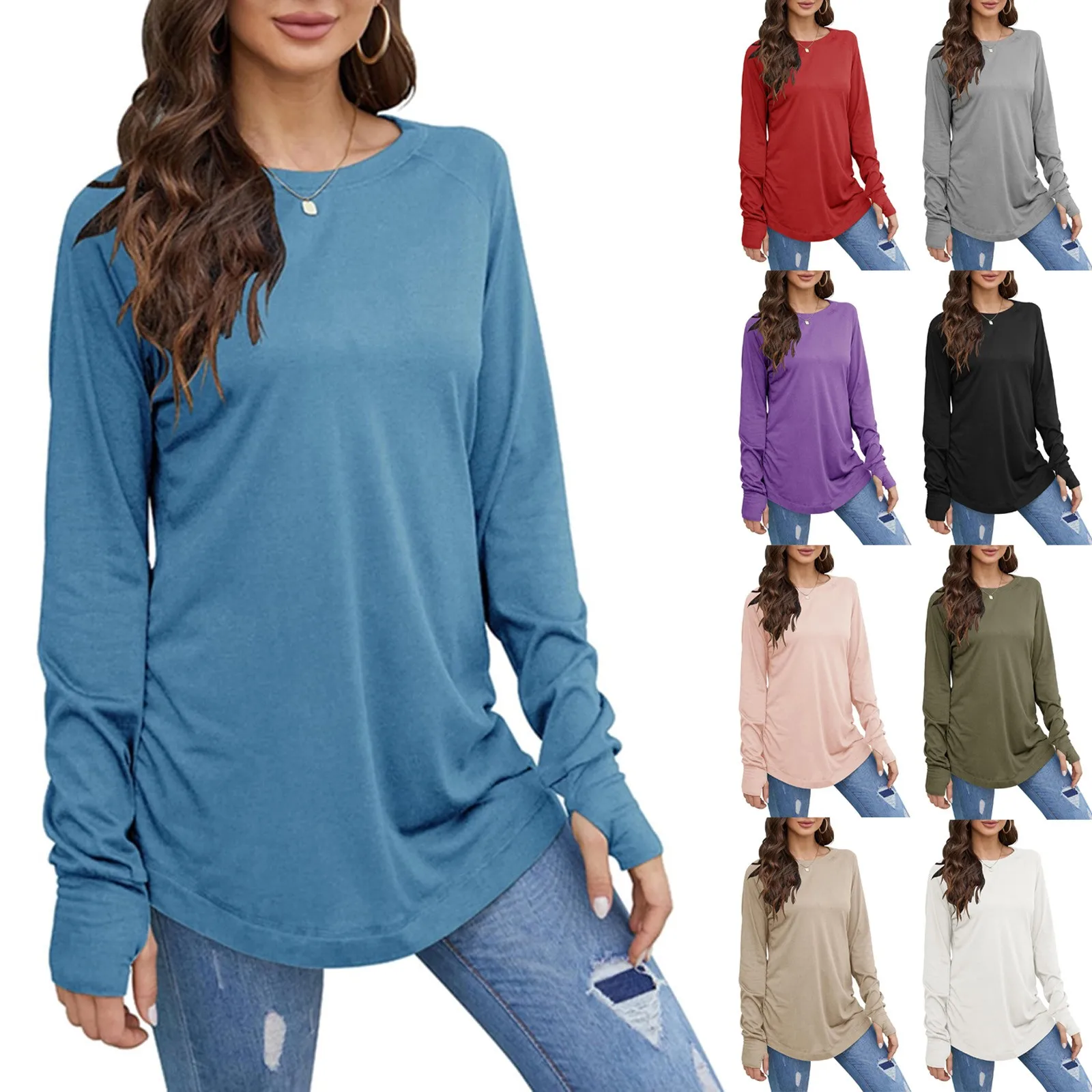 Women's T-Shirt Solid Round Neck Loose Long Sleeve Medium Length Comfy Thumb Hole Shirts Basic Stretch Layer Thumb T-shirt Top