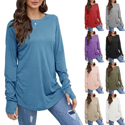 T-shirt da donna Solid girocollo manica lunga allentata lunghezza media comodo foro per il pollice camicie Basic Stretch Layer Thumb t-shirt Top