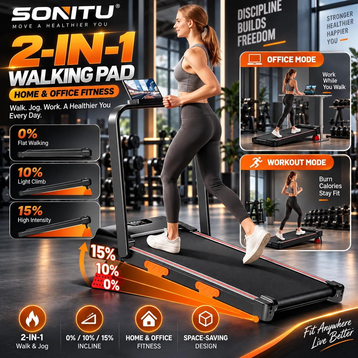 Tapis roulant pieghevole 3 in 1 Sonitu U18F Sinaopus, con inclinazione del 15%, motore silenzioso senza spazzole da 2,5 CV, ideale per camminare sotto la scrivania, in casa e in ufficio, capacità di