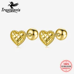 TrustDavis Authentic 925 Sterling Silver Pattern Heart Stud Earrings for Women Girls Kids Birthday Gift Jewelry DS3650