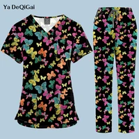 Uniformes de enfermera de mariposa coloridos, ropa de trabajo para hombre y mujer, Top médico, pantalón, uniformes clínicos Unisex, ropa de trabajo de SPA de belleza, nuevo