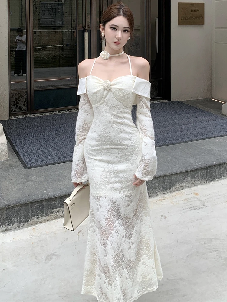 2025 Wit Kant Jacquard Chic Hals Gemonteerde Sexy Lange Jurk Vrouwen Koreaanse Mode Casual Jurk Herfst Elegante Bodycon Feestjurk