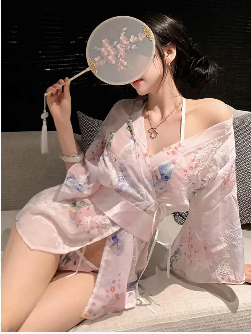 Sexy Kimono Dress Elegant Long Sleeved V-neck Slim High Waisted Thin Style Summer Retro Print Uniform Mini Dress Sweet RB9L