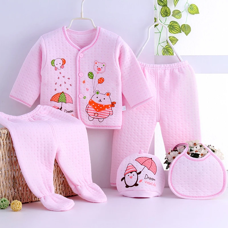 5PCS Baby Sets Newborn Clothes Cotton Print Long Sleeve Infant Boys Girls  Shirt+Pants+Hat+Bib Suit Toddler Clothing 0-3M ﻿