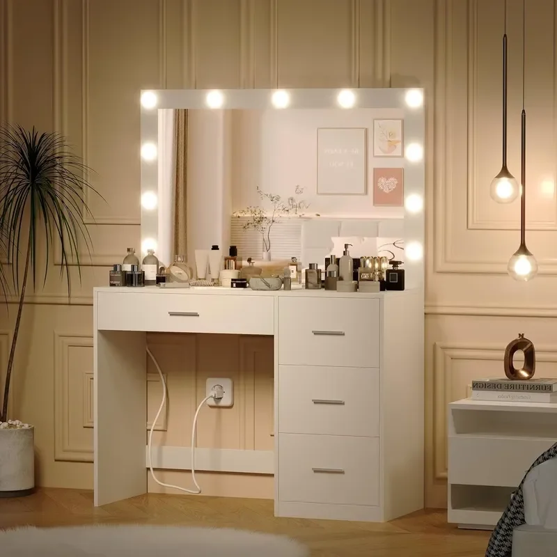 Modern Makeup Vanity Table with LED Lighted Mirror, 3 Color Lighting Modes Dressing Table, Storage Vanity Desk for Bedroom
