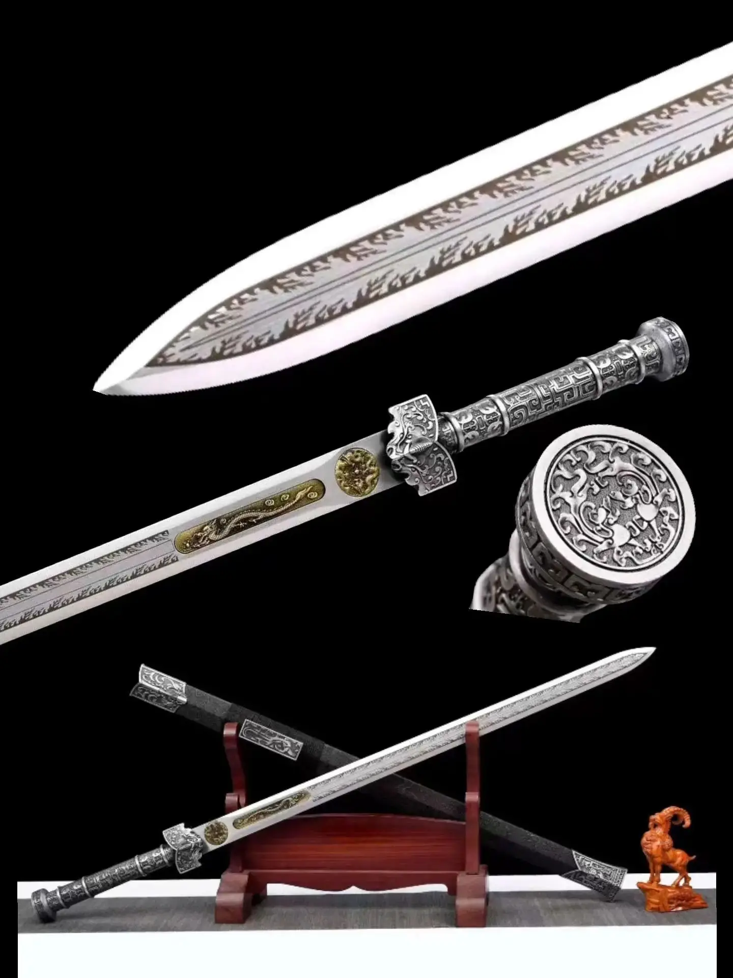 Chinese Kungfu Han Battle Sword,Real Handmade Refined Extreme Manganese Steel Engraved Blade,Integrated Metal Handle,Unhardened