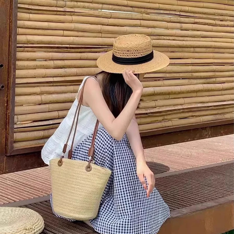 

Ladies' Sun Hats French Retro Hollow Hepburn Style Artistic Straw Caps Flat Top Seaside Sunscreen Wide Brimmed Sun Hats For Girl