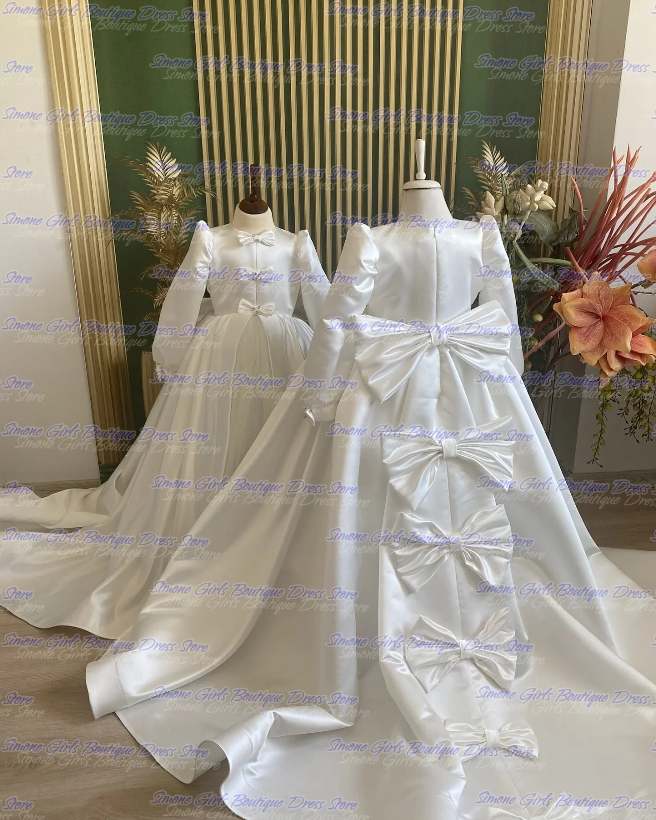 Bow Tie Evening Dress Long Sleeves Flower Girl Dress for Holiday Celebrations Wedding Ceremonies Parties Birthday