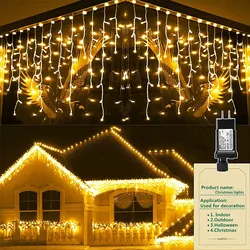 Decoraciones navideñas 2025 Luces al aire libre 4M (W) * 0.6M (H) 8 modos Cortina Cadena de hadas Luz de cadena de alambre transparente LED Año Nuevo 2025  Decoración interior de la boda de la fiesta de Navidad blanco