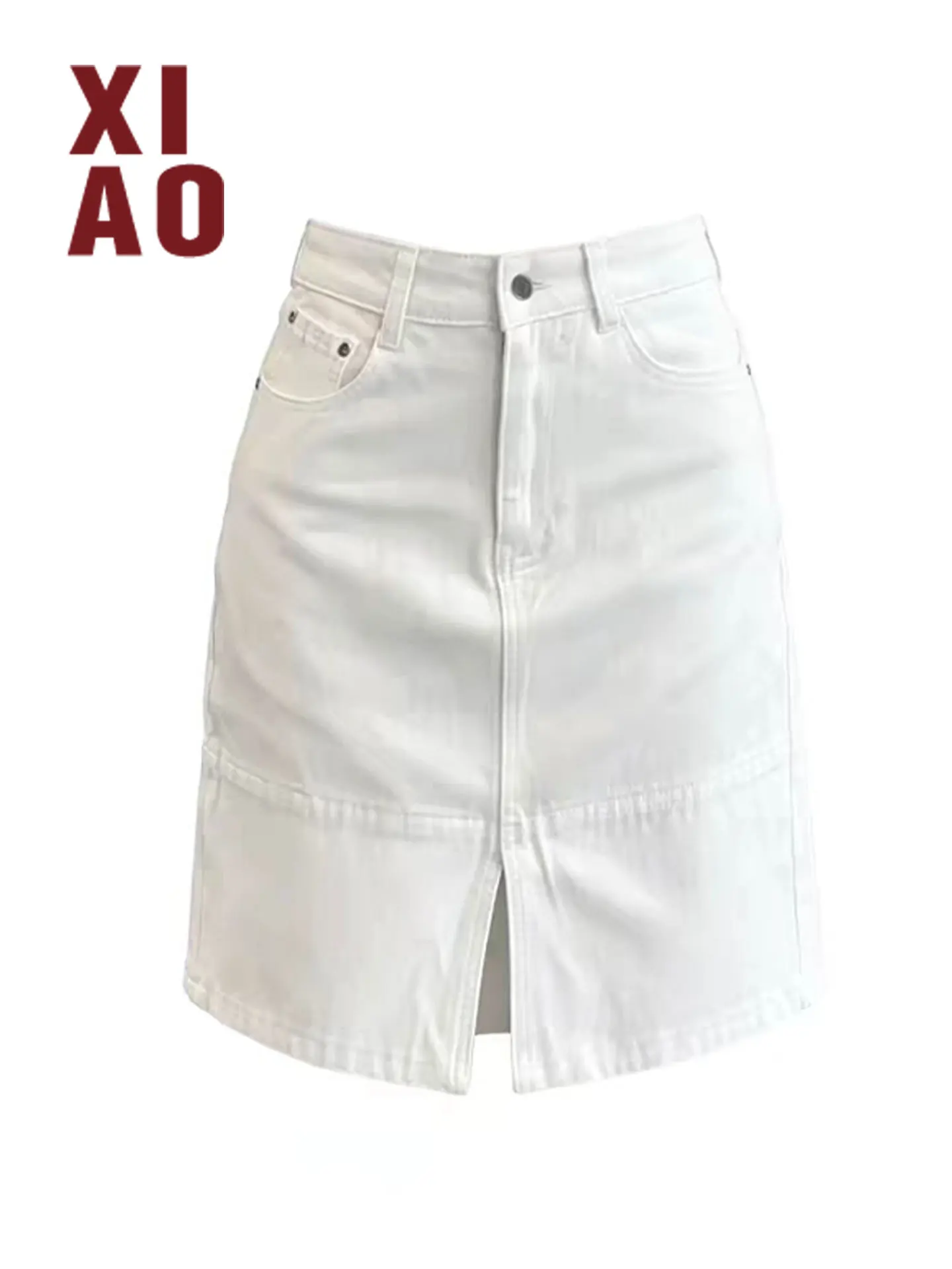 Seoul Street White H-Shape Elastic Denim Split Casual Slimming High Waist Half Skirt Versatile Simple Style Women's Fashion