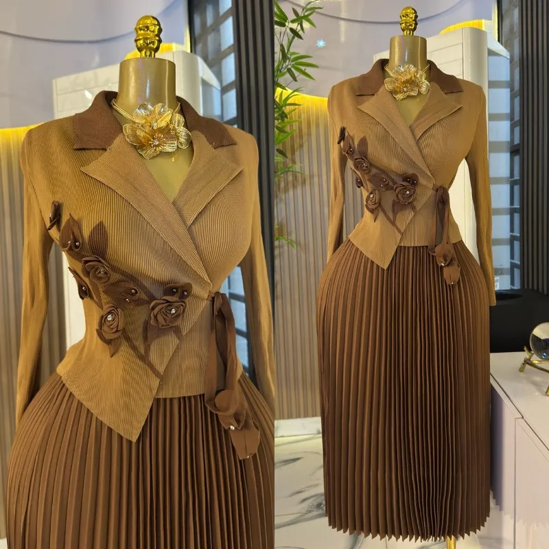 Miyake Plissee Afrikanische Frauen Plus Größe Kleider Hals Taille Stereoskopische Blume Dekoration Lose Elegante Dehnbare Lange Rock