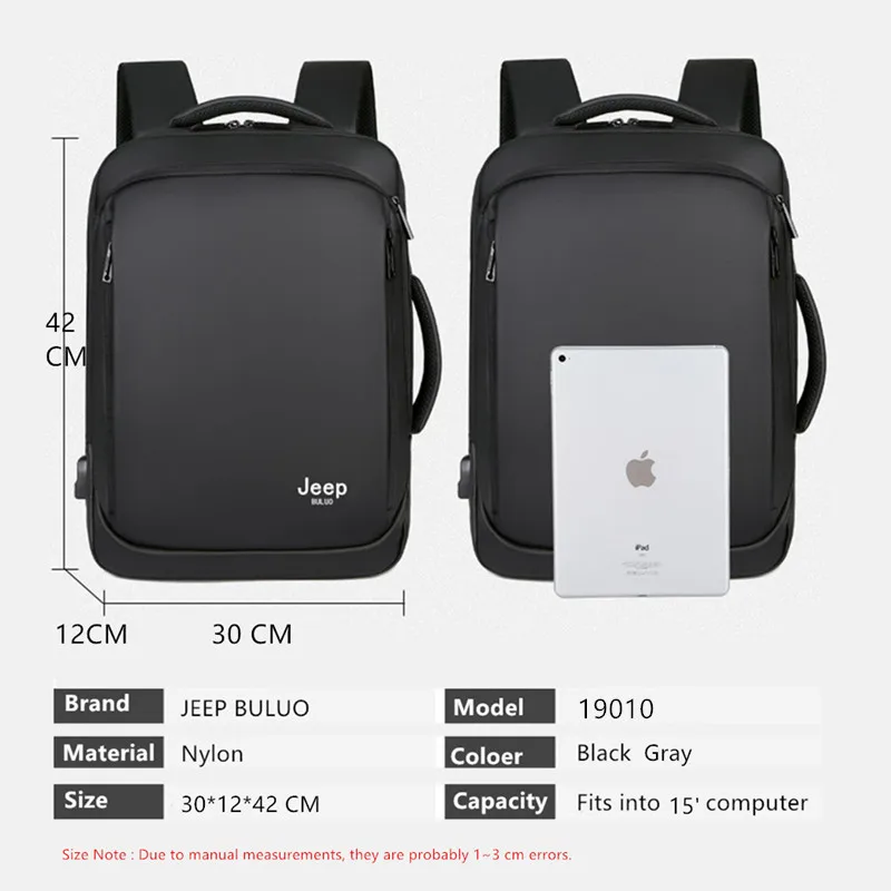 JEEP BULUO Backpack USB Charging High Quality Waterproof Men Laptop Backpack Luxury Brand Designer School Bag Business 15 Inch