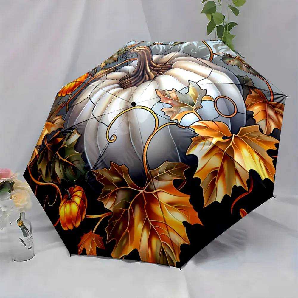 Autumn White Pumpkin With Vines And Golden Leaves Design portable waterproof sun rain umbrella for outdoor travel beach