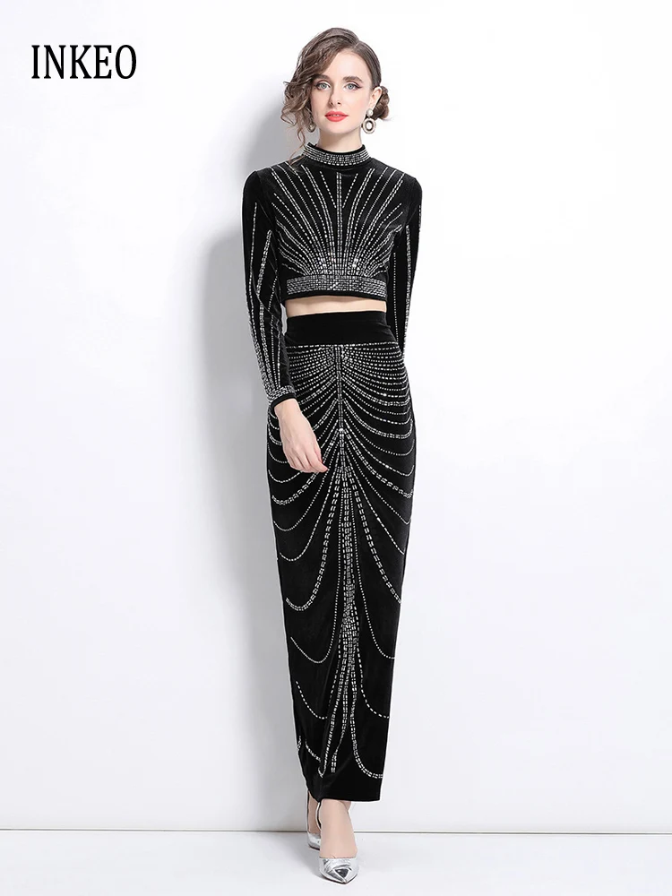 

Evening Women's Rhinestone velvet 2 Piece set 2025 Spring Elegant Long sleeve crop tops And High waist Long skirt INKEO 4T242