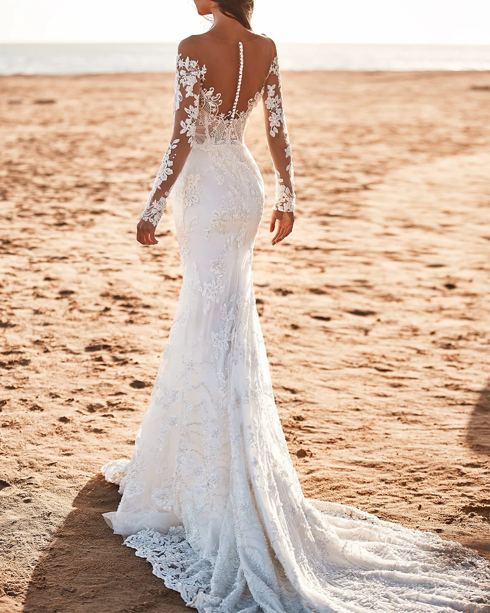 Wedding Dress mermai  Lace Long Sleeve Scoop Neck Boho Bridal Gown for Beach Wedding 2026 New