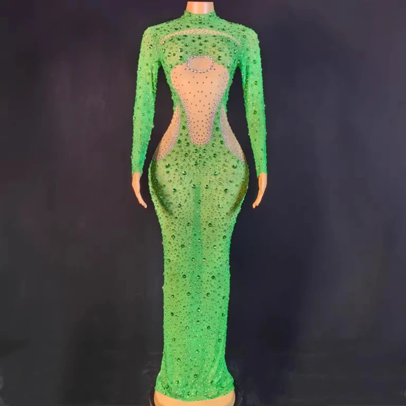 Women Green Rhinestones Evening Dress Shiny Drag Queen Costume Singer Host Model Stage Clothes Prom Stretch Long Dress