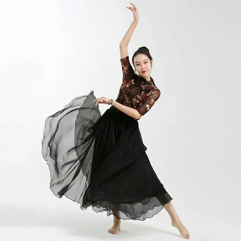 

Women Oriental Modern Belly Dance Costumes Chinese Ethnic Classical Dance Clothes Female Elegant Large Swing Skirt Printed Top