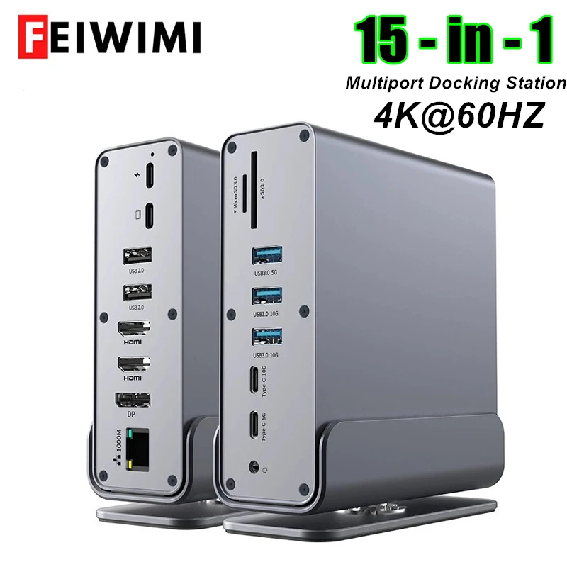 

FEIWIMI 15 в 1 USB C Док-станция 4K HDMI Тройной монитор-концентратор USB 3.2 10 Гбит/с RJ45 1000M 100 Вт для ПК с Windows Ноутбук HP MacBook