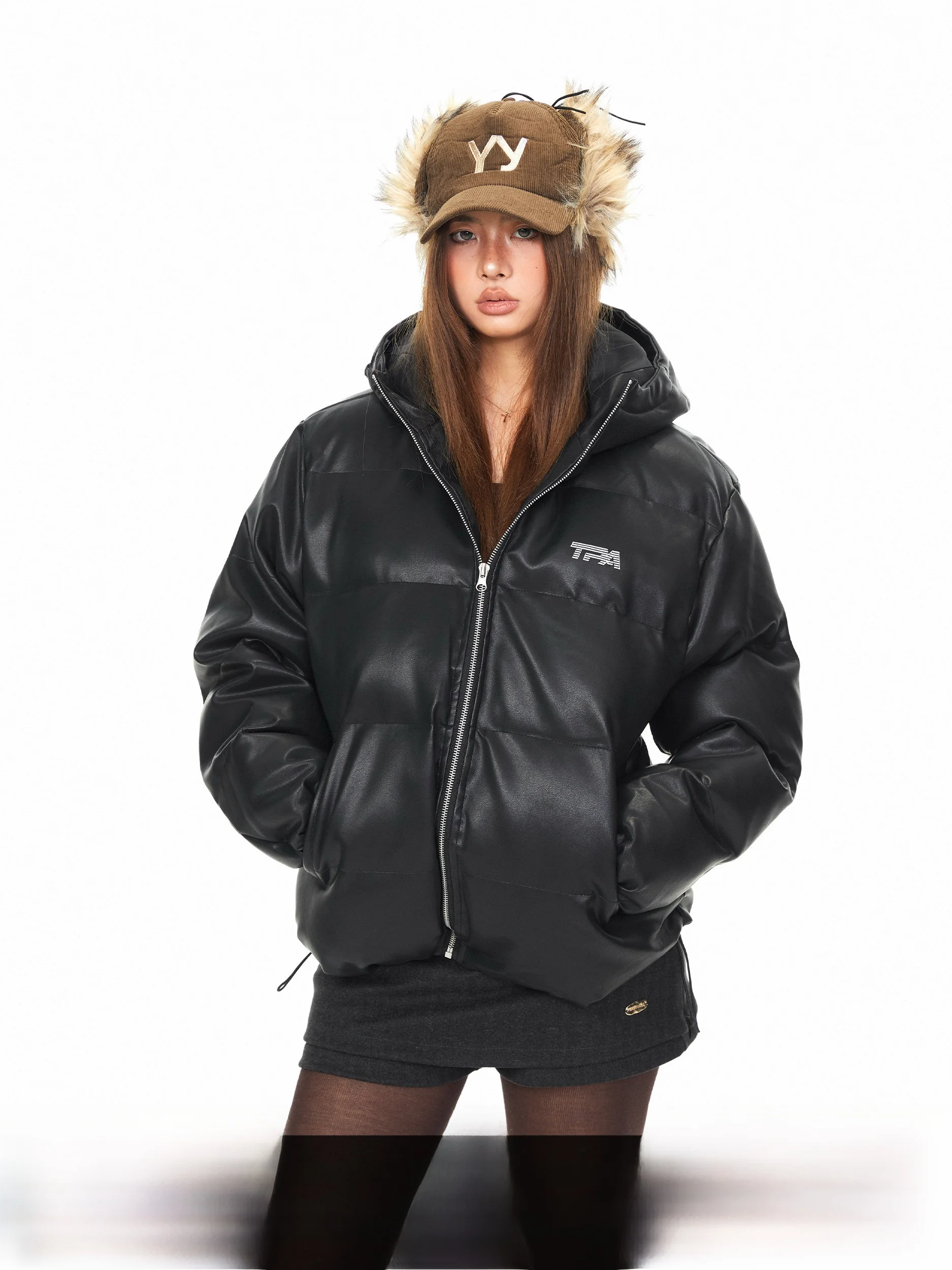 

Blabb Street Sle Hooded PU Leather Coat with Warmth And Loose Fit for Women Devil Ear Dachund Print Winter Jaet