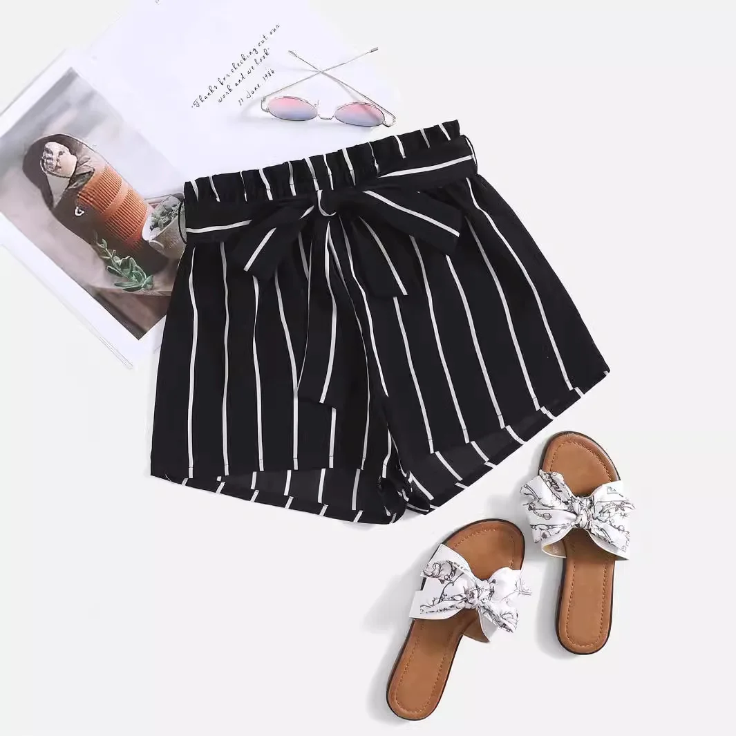 Women\'s Boxer Shorts with Tie Waist Paperbag Waist Black and White Striped Shorts Summer Vacation Beach Outfit