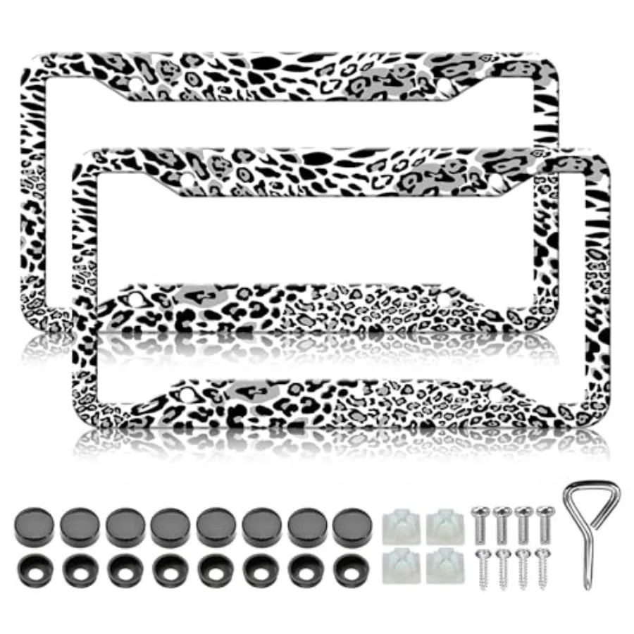 

Black White Leopard Print License Plate Frames - 2 Pack Cheetah Print License Plate Holder, Aluminum Metal Rust-Proof Waterproo